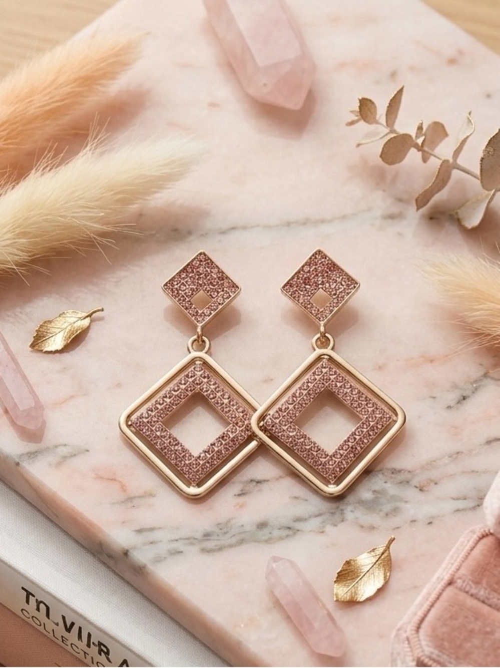 NWT White House Black Market Pink Rhinestone Geometric Drop Earrings